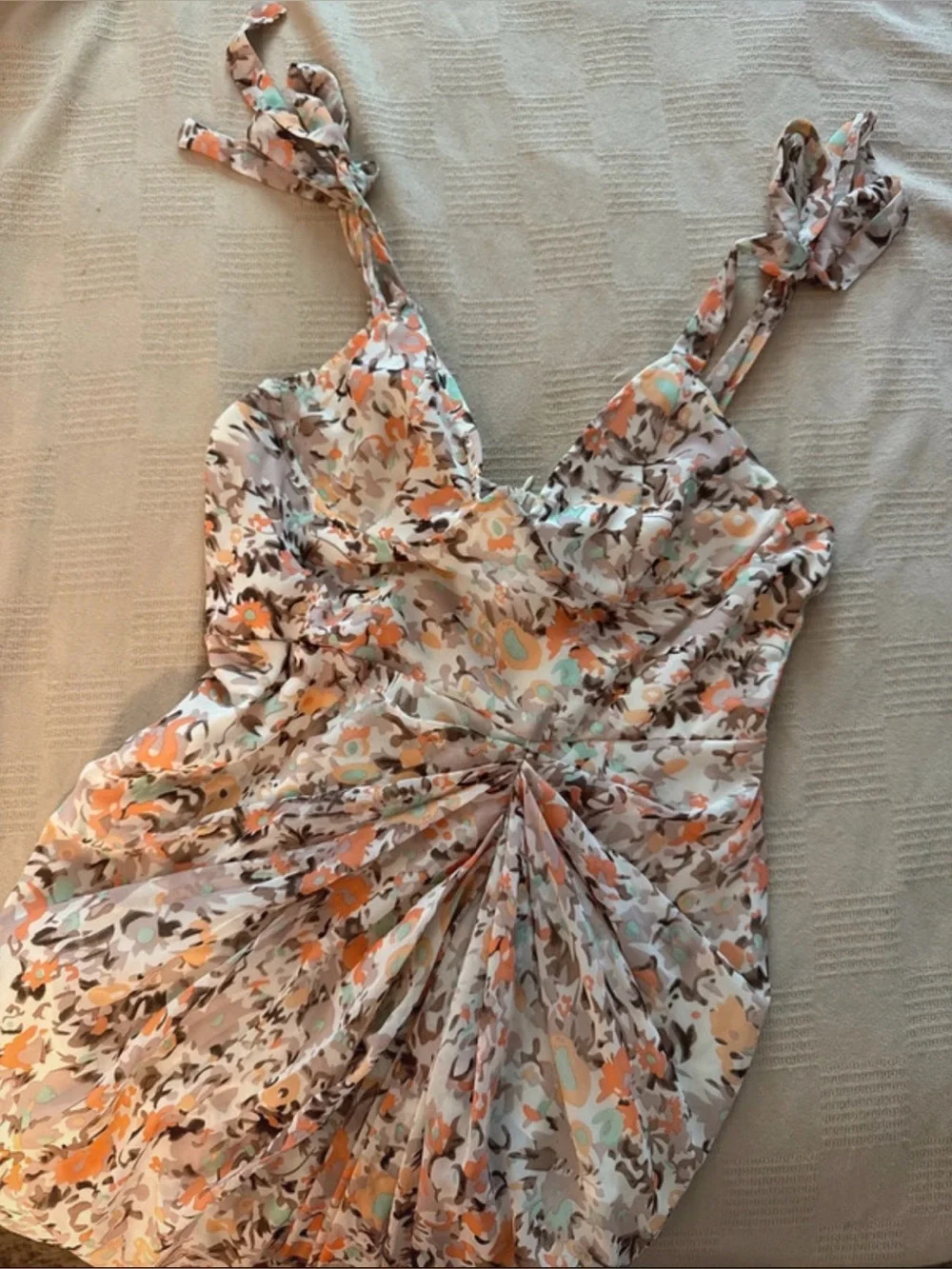 PrettyLittleThing Peach Cream Floral Underwire MIDI Draped Dress Sz 12